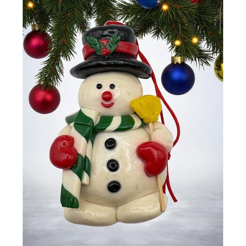 Vintage Frosty the Snowman Christmas Ornament with Broom Scarf Mittens & Top Hat